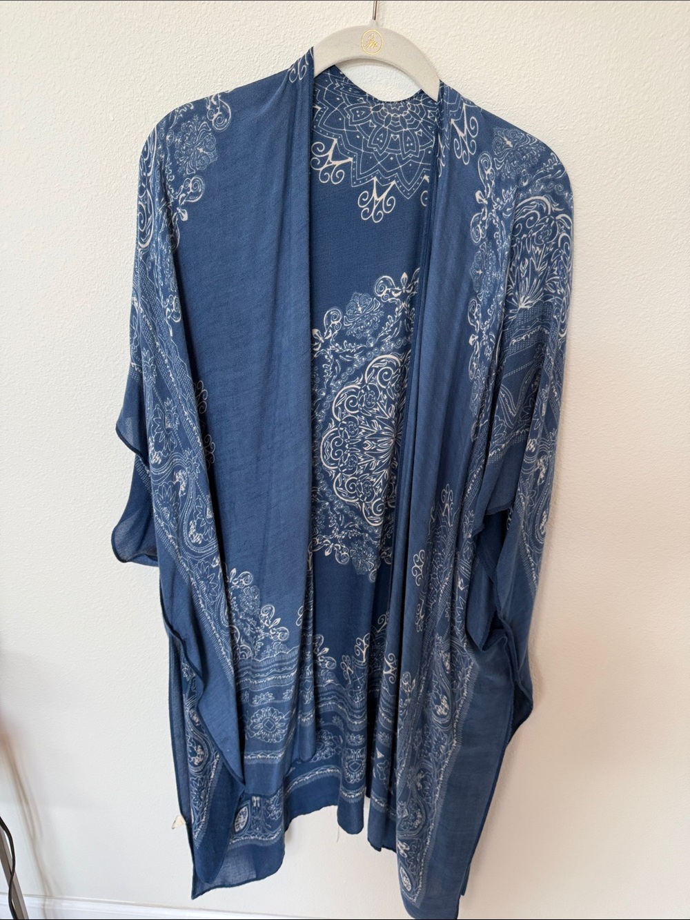Blue Printed Open-Front Draped Kimono Cape